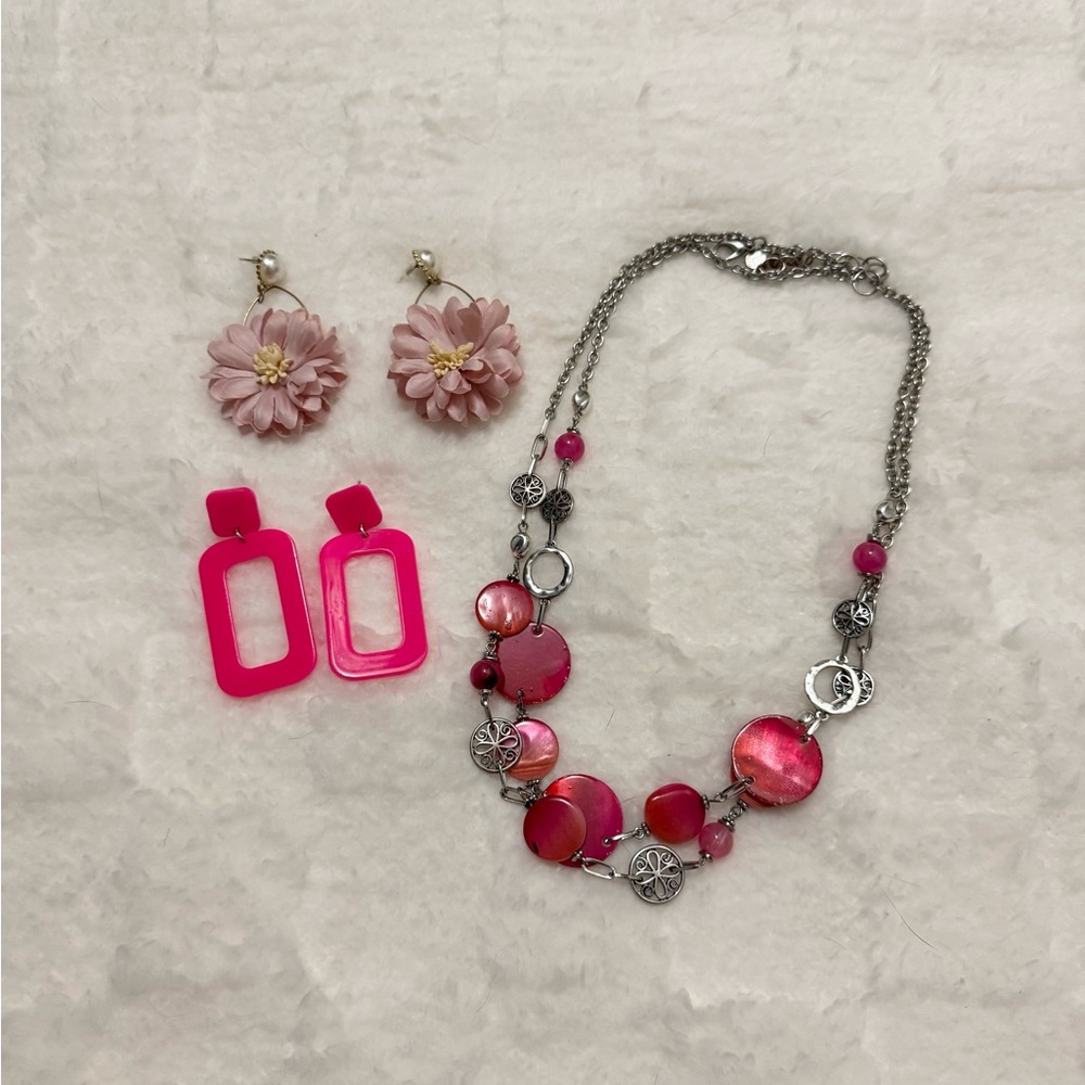 Pink Jewelry Bundle - Cute Earrings, Beaded Necklace